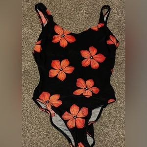 Vintage Cross Corners Women's 90s One Piece Swimsuit Black With Flowers